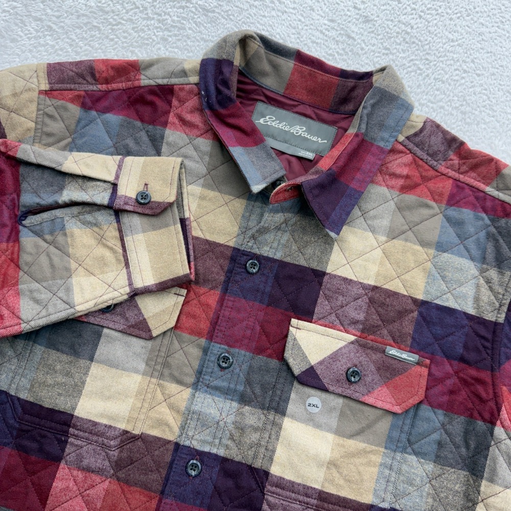 Eddie Bauer Mens 2XL Quilted Flannel Shirt Jacket Plaid Burgundy Tan Insulated